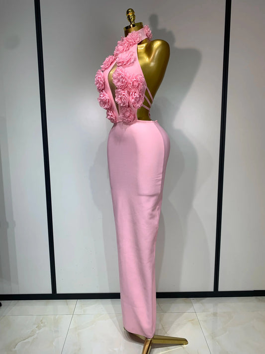 Luxury Birthday Dress Women Celebrity Sexy Halter Backless Flower Long Bandage Bodycon Dress Elegant Evening Party Outfit ﻿