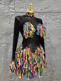Black Color Women Long Sleeve Sexy Mesh See Through Bodycon Mini Dress Colorful Tassels Nightclub Party Performance Stage Wear