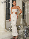 Sexy Women Nail Bead Tassel Bandage Dress Spaghetti Strap Sleeveless Waist Design Bodycon Long Dress Evening Party Vestidos