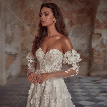 Lyxiga eleganta bröllopsklänningar En linje Kvinnas Pastrol 3D Flower Lace Applique Princess Bride Gowns Formella Vestidos de Novia