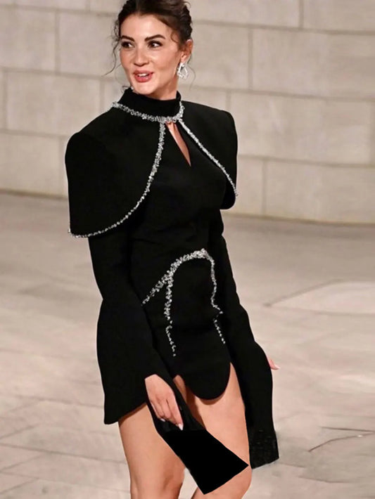 Light Luxury Water Diamond Mini Dress Stand Collar Long Sleeve Bodycon Asymmetric Dress Cocktail Evening Club Party Vestido