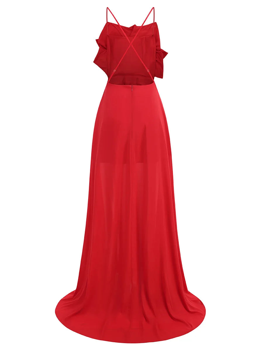 Red Color Women Sexy Strap Sleeveless Florals Loose Floor-Length Dress Celebrate Evening Party Wedding Mermaid Dress
