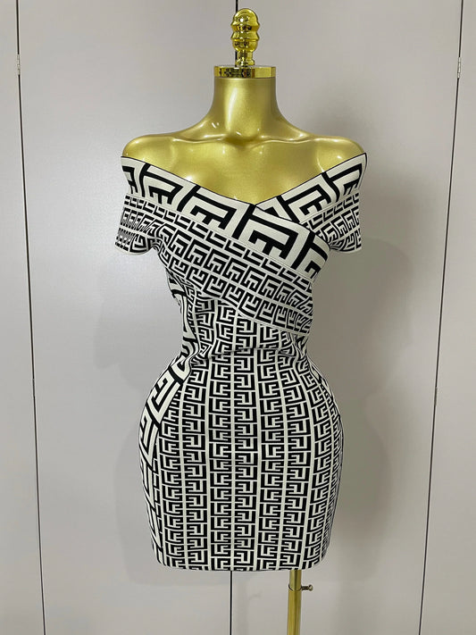 Women Sexy Jacquard Slash Neck Off Shoulder Bodycon Mini Bandage Dress Elegant Evening Birthday Party Dress black