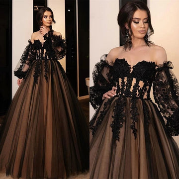 Gothic A-line Evening Dresses Black Lace Embroidery Prom Dress Off Shoulder Puffy Party Dresses Robe De Soirée