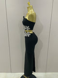 Sexy Strapless Flower Diamonds Black Maxi Long Bandage Two Piece Set Women Knitted Elegant Evening Club Party Prom Gowns