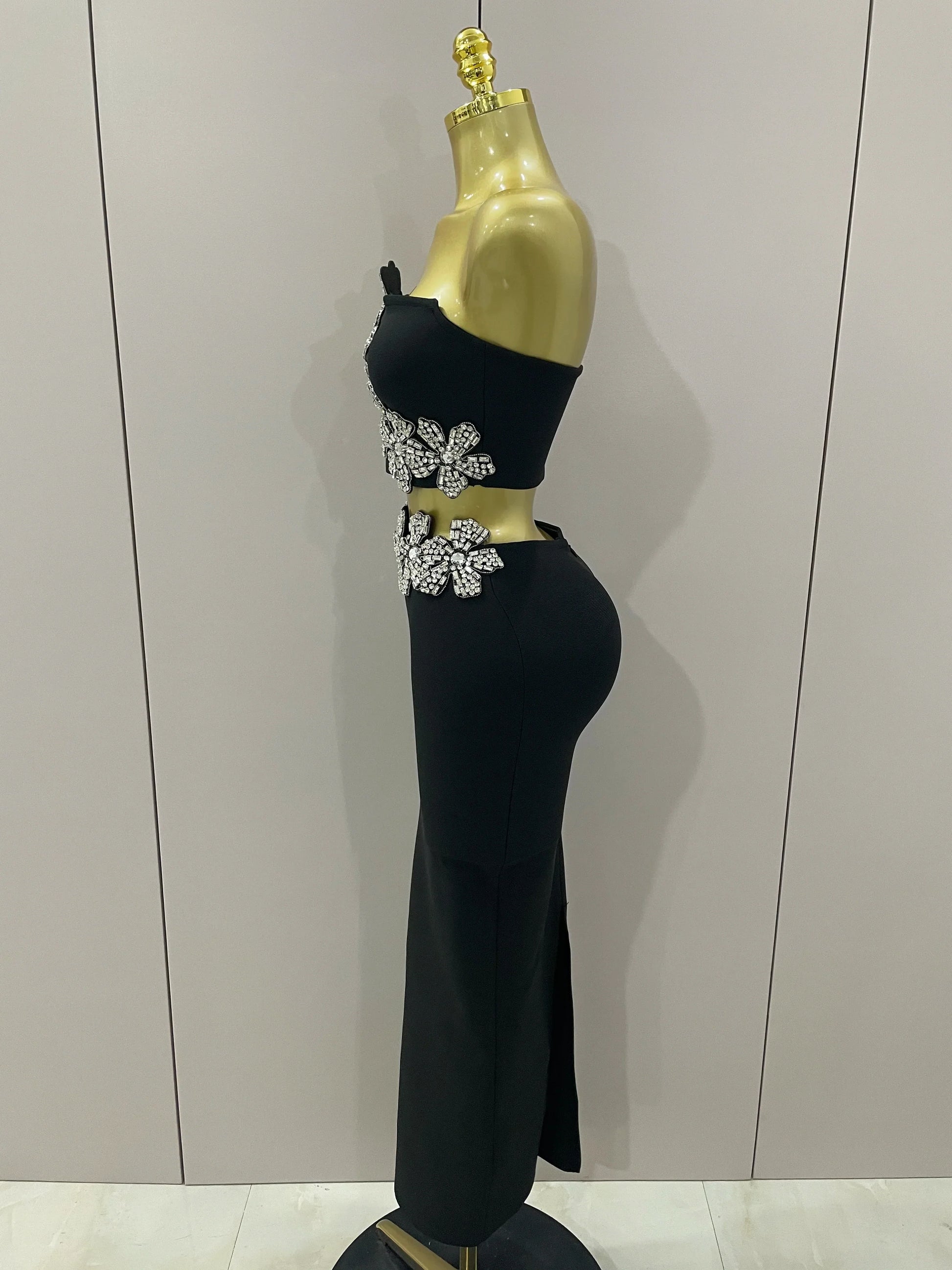 Sexy Strapless Flower Diamonds Black Maxi Long Bandage Two Piece Set Women Knitted Elegant Evening Club Party Prom Gowns