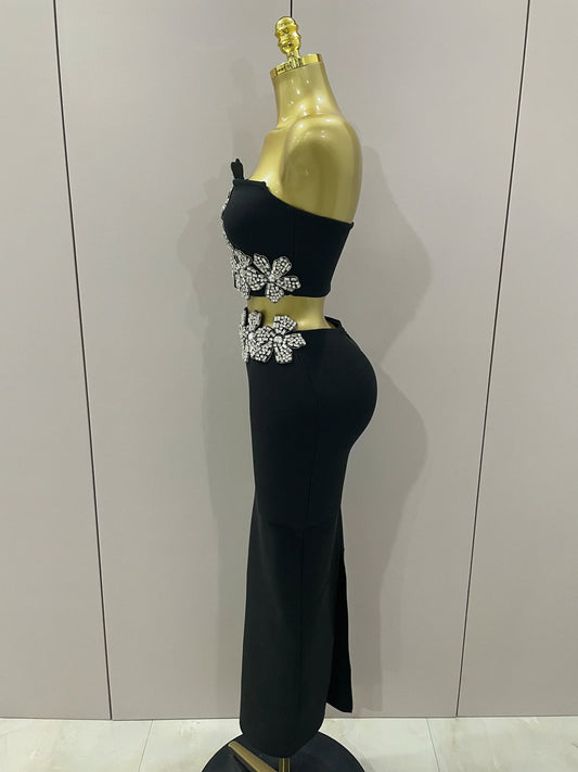Sexy Strapless Flower Diamonds Black Maxi Long Bandage Two Piece Set Women Knitted Elegant Evening Club Party Prom Gowns