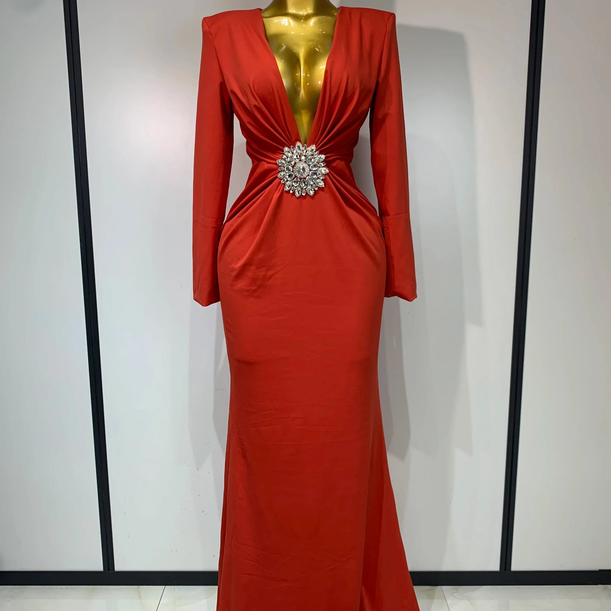 Women Sexy Deep V Neck Long Sleeves Maxi Dresses Celebrity Elegant Evening Party Luxury Birthday Wedding Guest Cocktail Gowns Red
