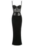 Women'S Sling Velvet Long Dress Sexy See Through Lace Slim Fishbone Dress Elegant Celebrity Evening Party Gowns