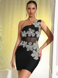 Sexy Women'S Light Luxury Flower Studded Diamond Bandage Dress One Shoulder Sleeveless Bodycon Sheer Patchwork Mini Dress,