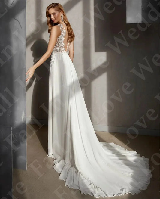 A-Line Chiffon Wedding Dress Detachable Floor Long Sleeves Boho Lace Appliques Bride Gown Robe de mariée Beach Party Dress