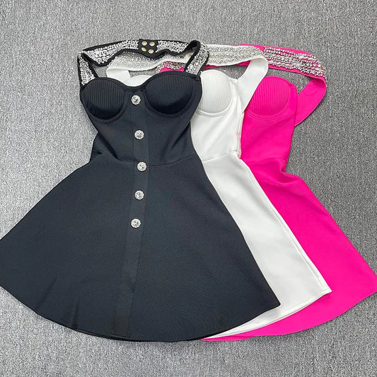 Women Sexy Halter Shinning Diamond Backless Bandage A-Line Mini Dress Evening Party Birthday Vacation Dress black