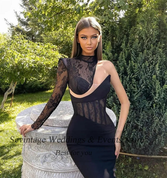 Fashion Black Prom Dress Mermaid Lace One Shoulder Fitted Bones Ruched Floor Length Formal Evening Dress Party Gown