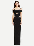 Sexy Women's Hollow Design Bandage Dress Spaghetti Strap Shoulder Sleeve Bodycon Long Dress Cocktail Evening Party Vestidos black