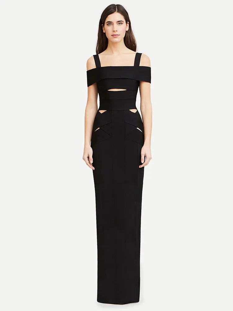 Sexy Women's Hollow Design Bandage Dress Spaghetti Strap Shoulder Sleeve Bodycon Long Dress Cocktail Evening Party Vestidos black