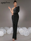 Elegant Women Light Luxury Nail Bead Bandage Dress with Slant Neck Single Shoulder Sleeve Bodycon Black Long Dress Vestidos black
