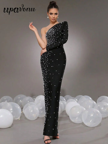 Elegant Women Light Luxury Nail Bead Bandage Dress with Slant Neck Single Shoulder Sleeve Bodycon Black Long Dress Vestidos black