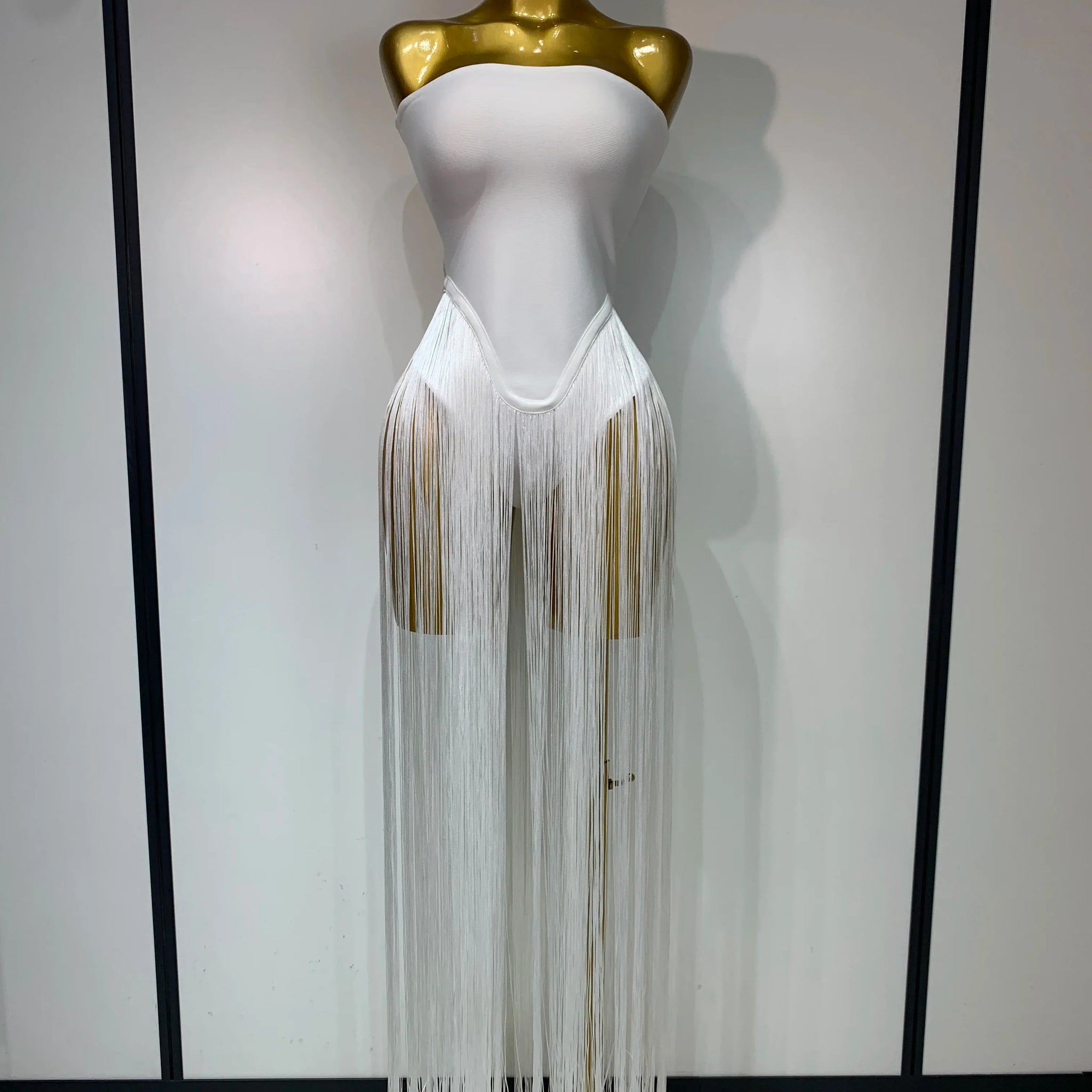 Women Sexy White Elegant Strapless Long Tassels Bandage Bodysuit Evening Party Luxury Birthdy Nightclub Singer Stage Outfit WHITE