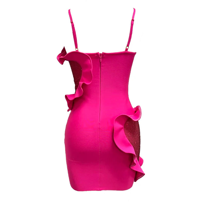 Summer Women Sexy Rosered Heart Rhinestones Bodycon Mini Dress Bandage Fashion Celebrate Nightclub Party Birthday Dress