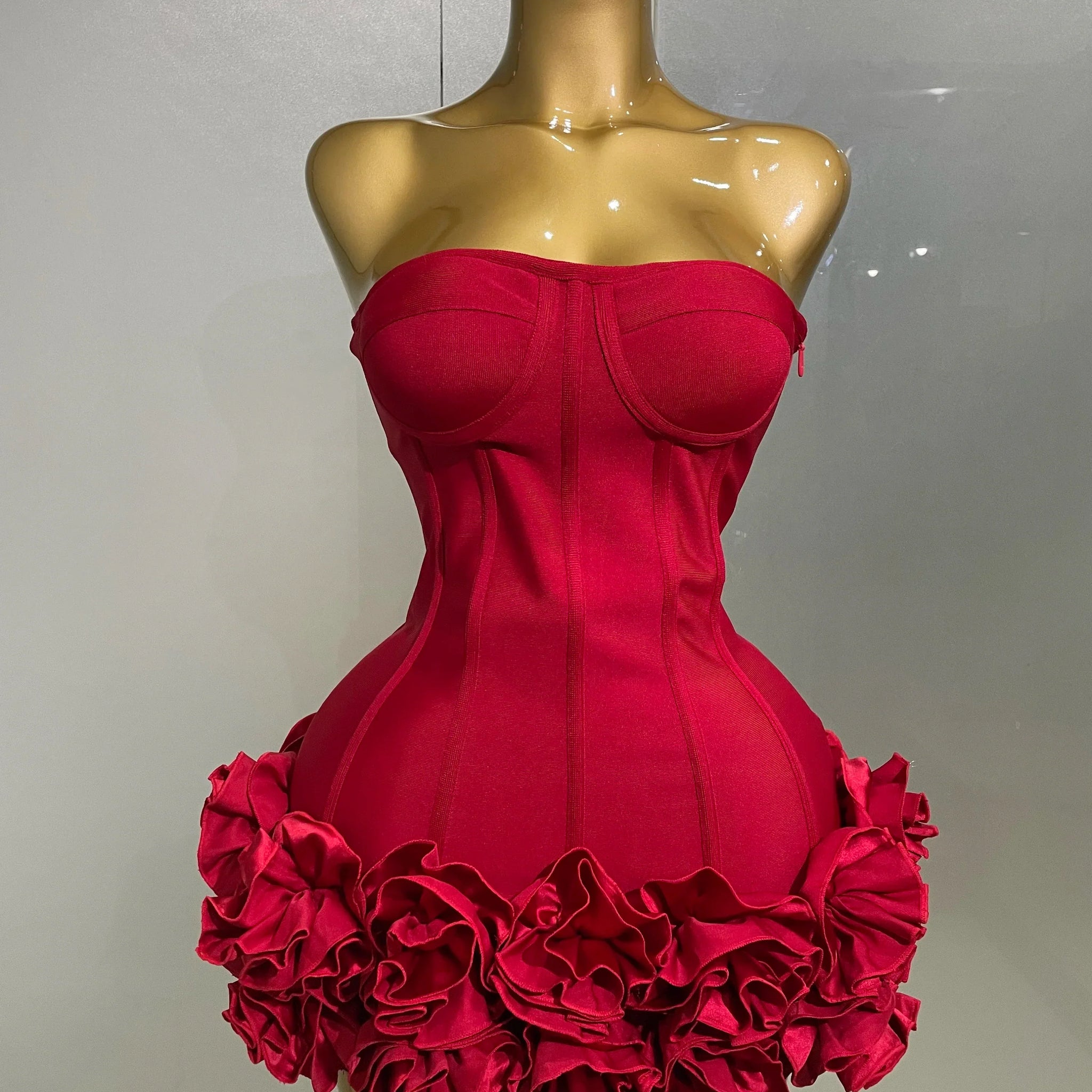 Sexy Evening Bandage Dress Strapless Bodycon Flowers Mini Celebrity Women Birthday Party Dress Photo Shoot Nightclub Outfit Red