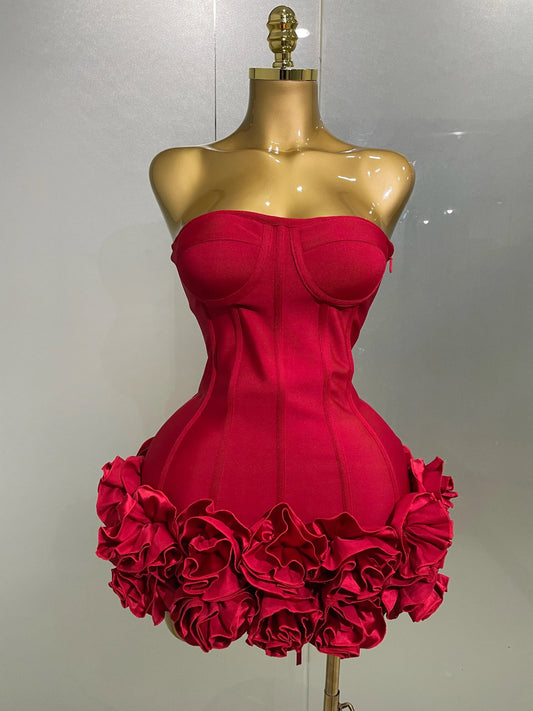 Sexy Evening Bandage Dress Strapless Bodycon Flowers Mini Celebrity Women Birthday Party Dress Photo Shoot Nightclub Outfit Red