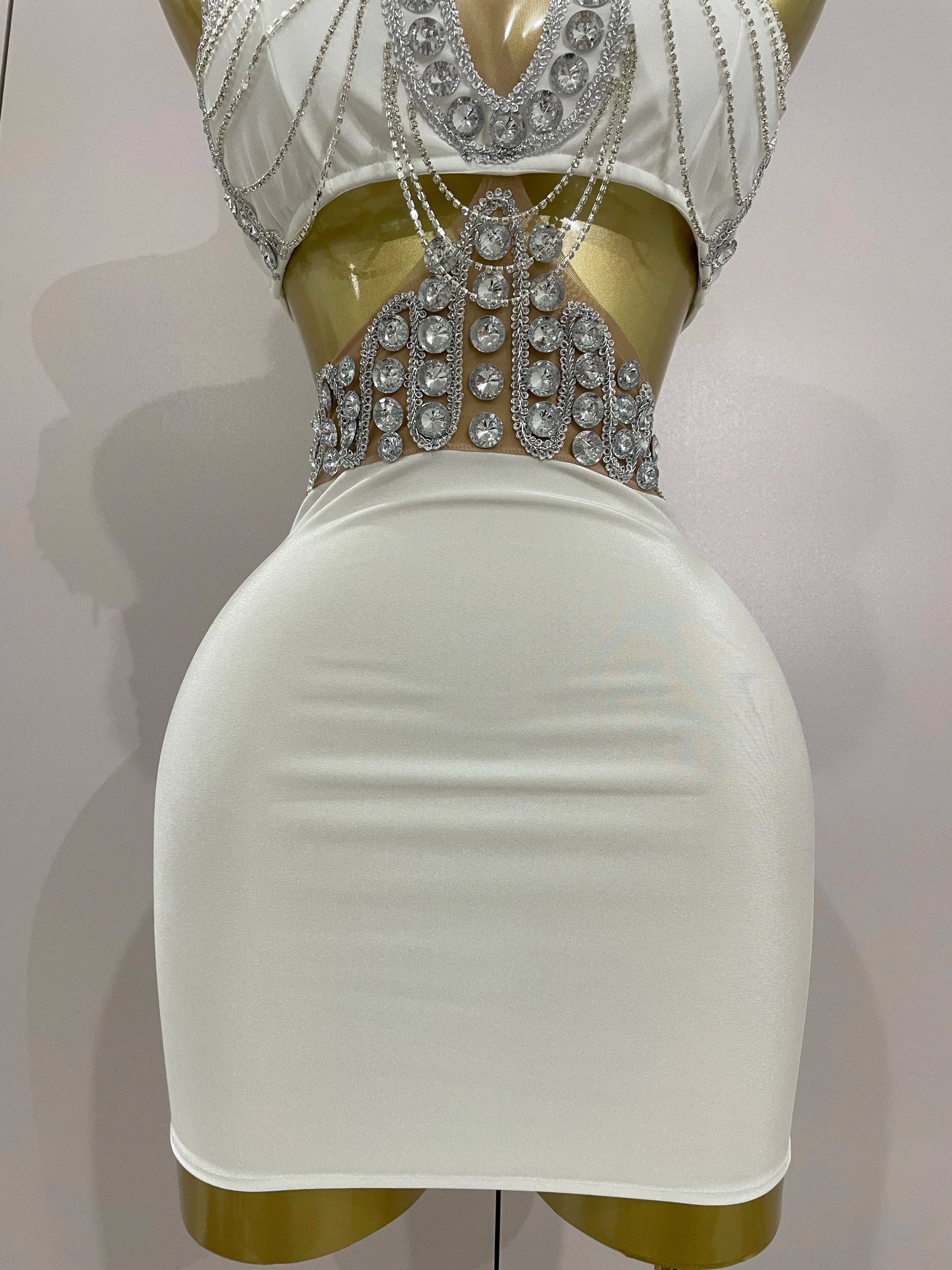 Luxury Shiny Diamond Chain White Sexy Sleeveless Bodycon Mini Dress Evening Birthday Party Nightclub Stage Costume