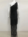 Women's One Shoulder Diagonal Collar Fringe Bandage Long Dress Summer Tassel Vacation Birthday Evening Night Club Vestidos