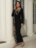 2024 Women's Heavy Industry Nail Bead Design Bandage Dress V-neck Long Sleeve Bodycon Split Length Dresses Club Party Vestido