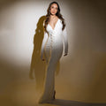 Modphy Sexy V-neck splicing 3D Flower Fold Tight Long Dress Women Long sleeves Solid White Party Evening Wedding Gowns WHITE