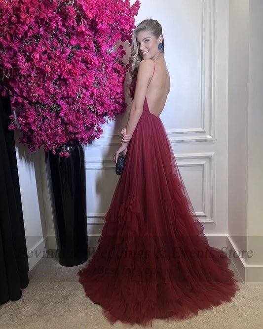 Burgundy Pleated Tulle Prom Party Dresses Sexy Backless V-Neck Layered Skirt Long Women Evening Gowns Formal Dress