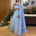 Arabic Prom Dress For Wedding Guest Women Gown A-Line Long Flower Cape Satin Formal Evening Dress Blue Party Gowns Blue