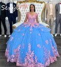 Gorgeous Blue And Pink Quinceanera Dresses 2025 Off Shoulder 3D Florals Lace Vestidos De 15 Años Corset Charro Gown Customized Blue