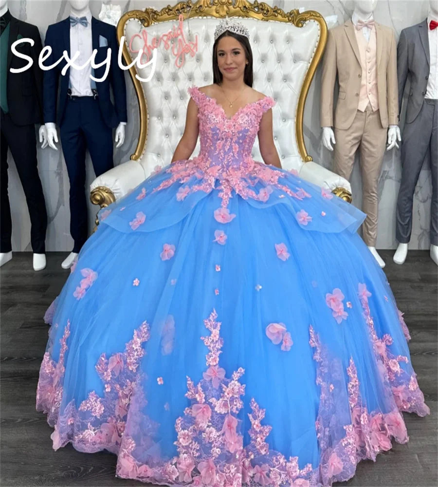 Gorgeous Blue And Pink Quinceanera Dresses 2025 Off Shoulder 3D Florals Lace Vestidos De 15 Años Corset Charro Gown Customized Blue