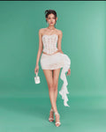 2024 New Fashion White Color Women Sexy Strapless 2 Pieces Bodycon Lace Draped Mini Dress Birthday Party Girls' Date Outfit WHITE