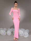 Women'S Elegant Bandage Dresses Square Neck Long Sleeved Nail Bead Design Bodycon Long Dress Evening Party Vestidos Pink