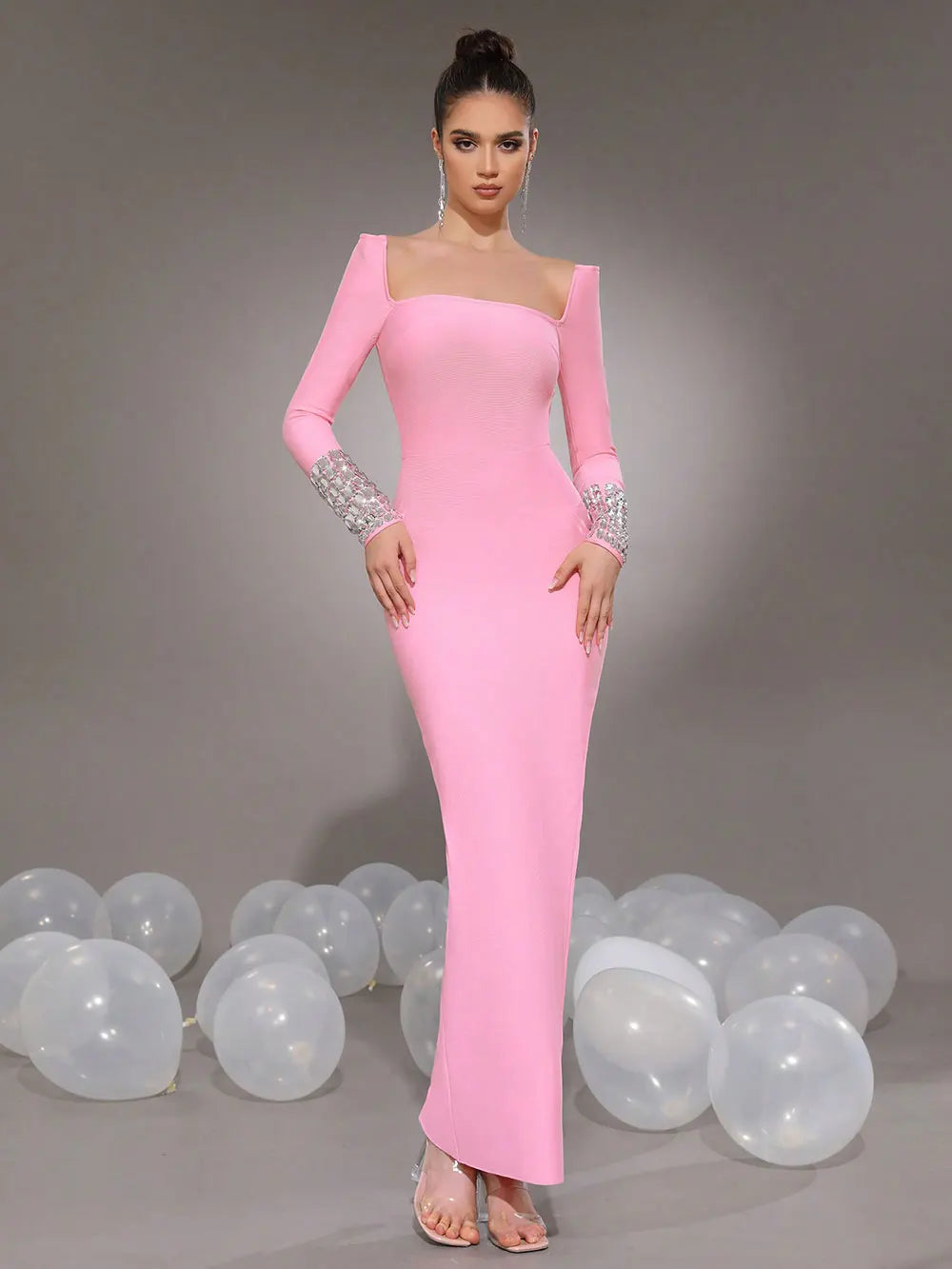 Women'S Elegant Bandage Dresses Square Neck Long Sleeved Nail Bead Design Bodycon Long Dress Evening Party Vestidos Pink