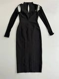 Sexy Women's Light Luxury Nail Diamond Bandage Dress O-neck Long Sleeve Hollow Design Bodycon Midi Dress Party Vestidos