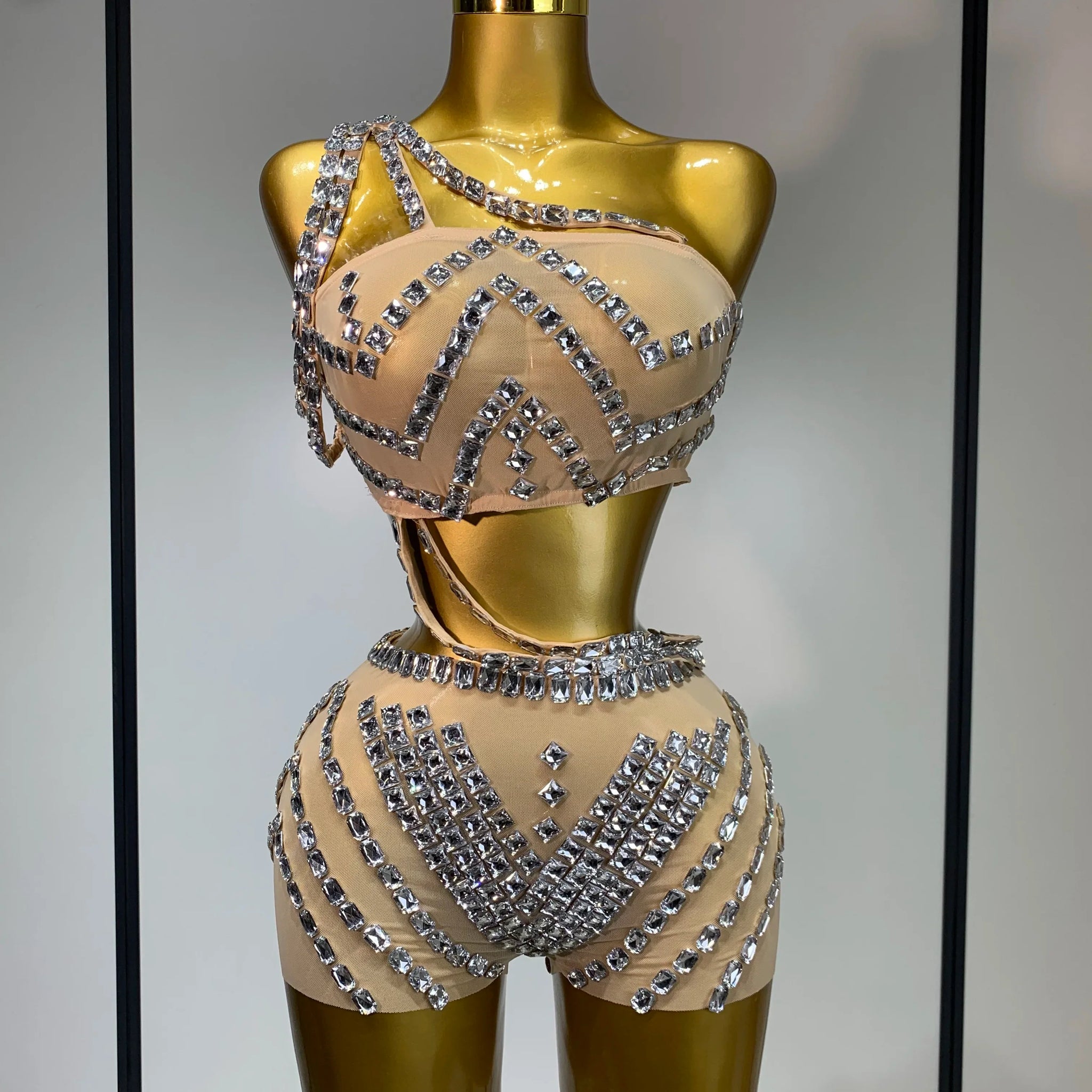 Luxury Diamonds Sexy Mesh Perspective Two Pieces Outfit Performance Dancer Singer Costume Nightclub Women's Set Birthday Wear Style 1