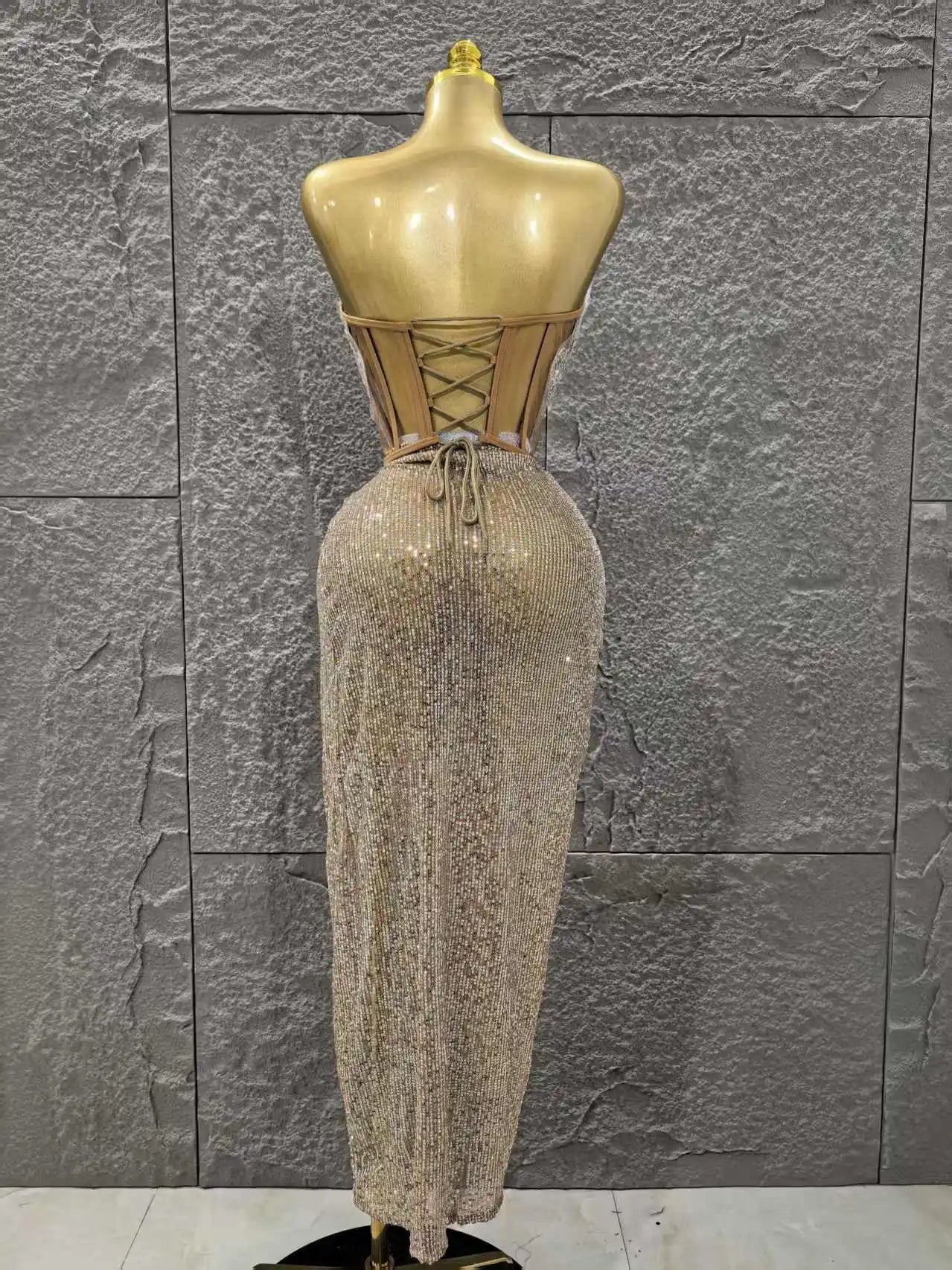Women Sexy Strapless Shinning Crystal 2 Pieces Bodycon Mid-calf Dress Celebrate Bar Singer Performance Stage Wear