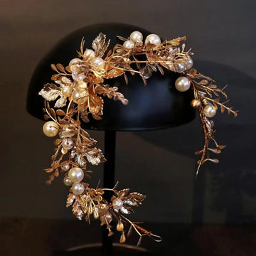 Wedding Hair Accessories Leaf Pearl Headband Gold Color Baroque Vintage Hairband For Bride Women Headpieces Crown Bridal Jewelry a