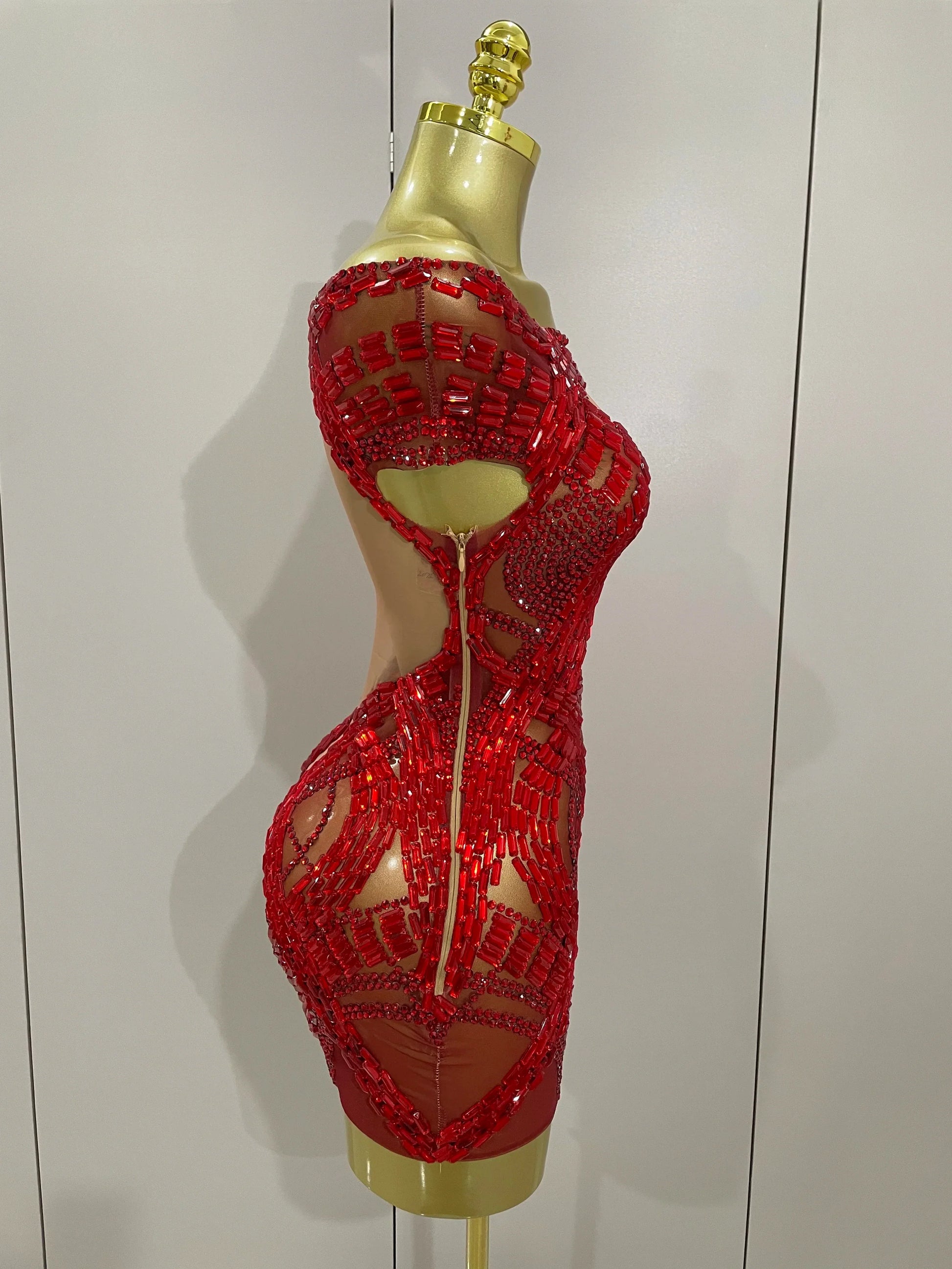 Shining Red Rhinestones Sexy Mesh See-Through Mini Dress Women Celebrate Evening Prom Birthday Party Dress Stage Shoot Wear