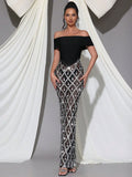 Spring Sexy Women's Chiffon Patchwork Sparkle Nail Bead Long Dress V-neck Short Sleeve Bodycon Dress Cocktail Banquet Dress Silver