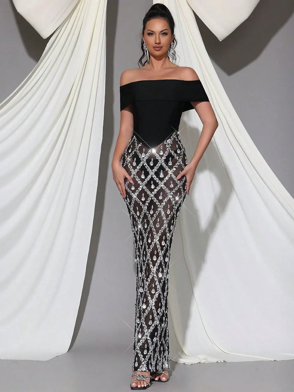 Spring Sexy Women's Chiffon Patchwork Sparkle Nail Bead Long Dress V-neck Short Sleeve Bodycon Dress Cocktail Banquet Dress Silver