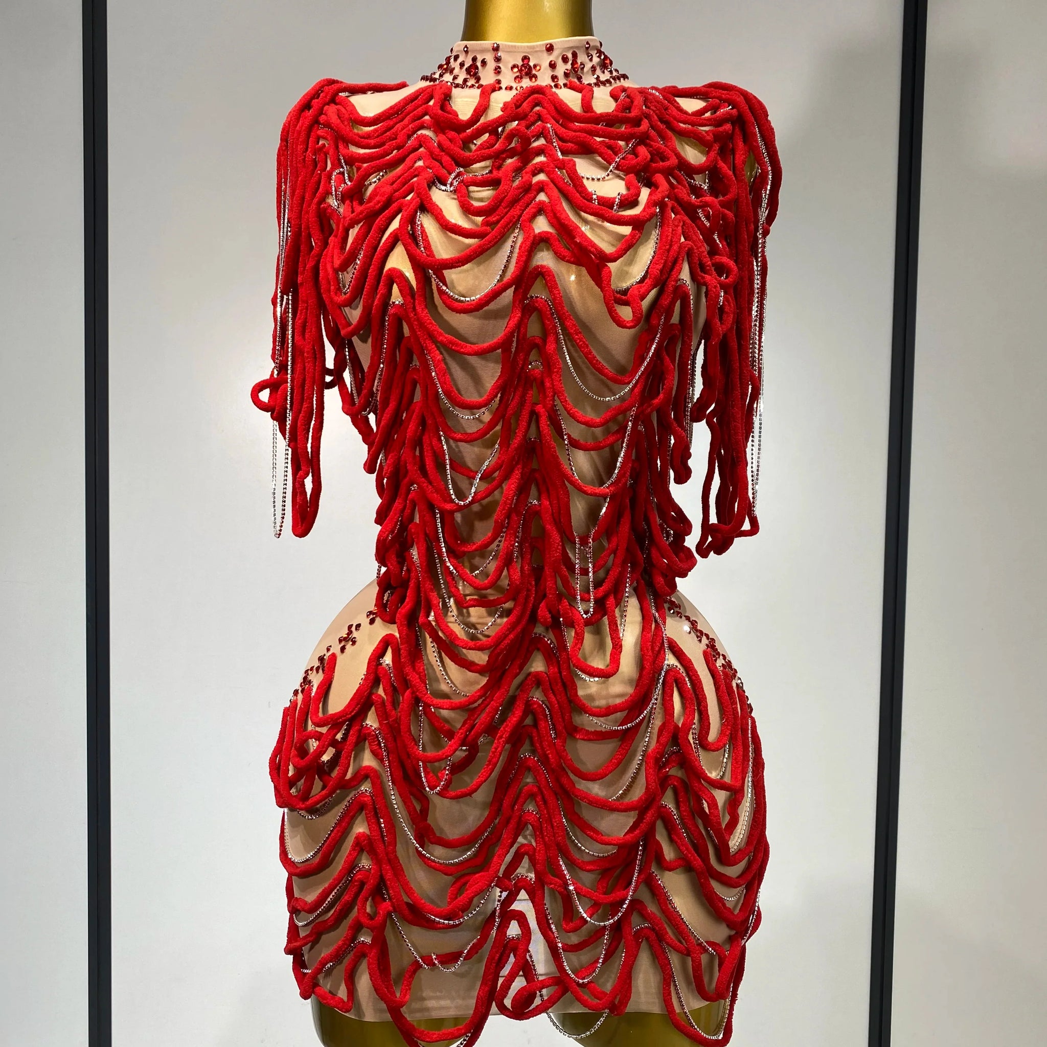 Women Mesh Elastic Sexy Tight Fitting Sparkly Diamond Chain Short Dress Nightclub Luxury Birthday Stage Performance Costumes Red