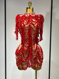 Women Sexy Mesh See Through Sparkly Rhinestones Chain Stage Costume Nightclub Celebrate Evening Party Performance Outfit Red