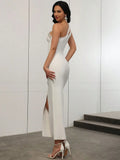Sexy Women Light Luxury Nail Diamond Bandage Dress One Shoulder Slant Neck Sleeveless Bodycon Split Body Long Dress Vestido