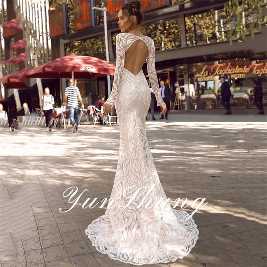 Yunshang elegante sereia vestidos de casamento feminino renda aberta volta manga longa com decote em v vestido de noiva trem varredura vestidos de novia