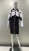 Arrivals Fashionable Women's Bandage Set Golden Buttons White Patchwork Black Coat And Sleeveless Bodycon MIini Dress