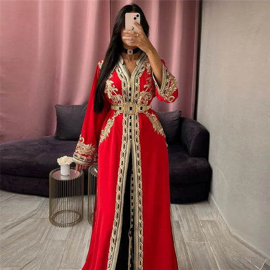 Elegant Arabic Mermaid Evening Dress V-Neck Lace Appliques Prom Gown High Mid Slit Floor Length Algerian Outfit Red