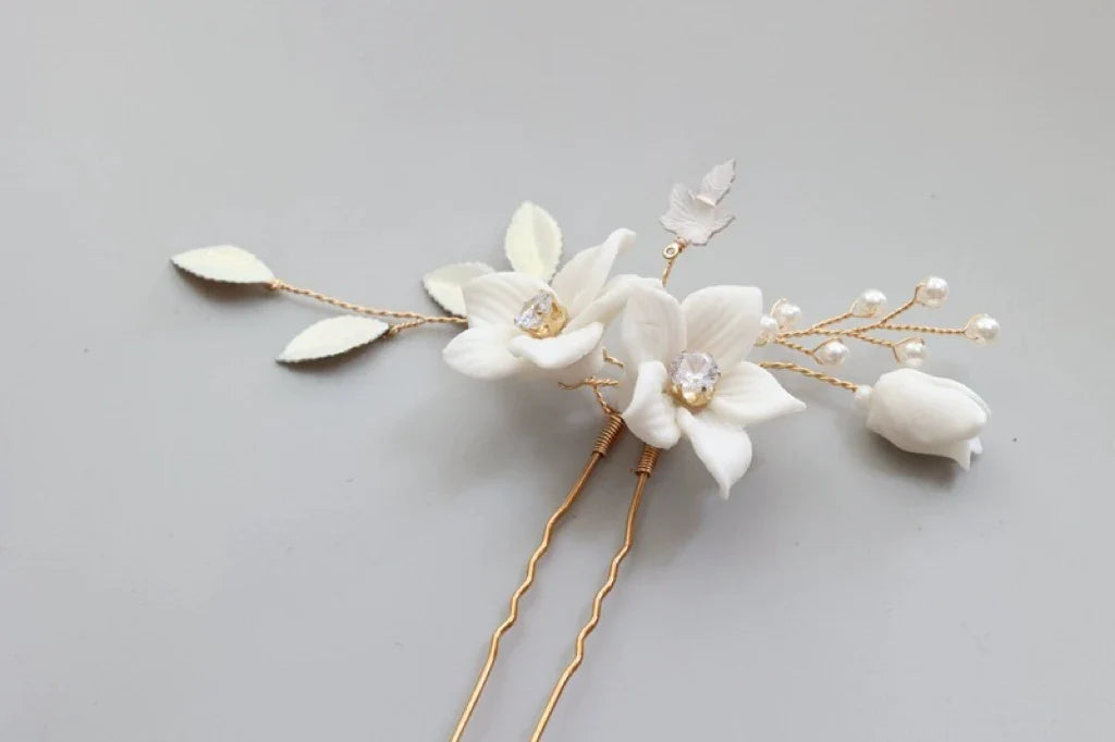 Bridal Jewelry Porcelain Flower Hair Clip Comb Crystal Hairpin Women Bride Bridesmaids Gold Color Head Piece Wedding Accessories a